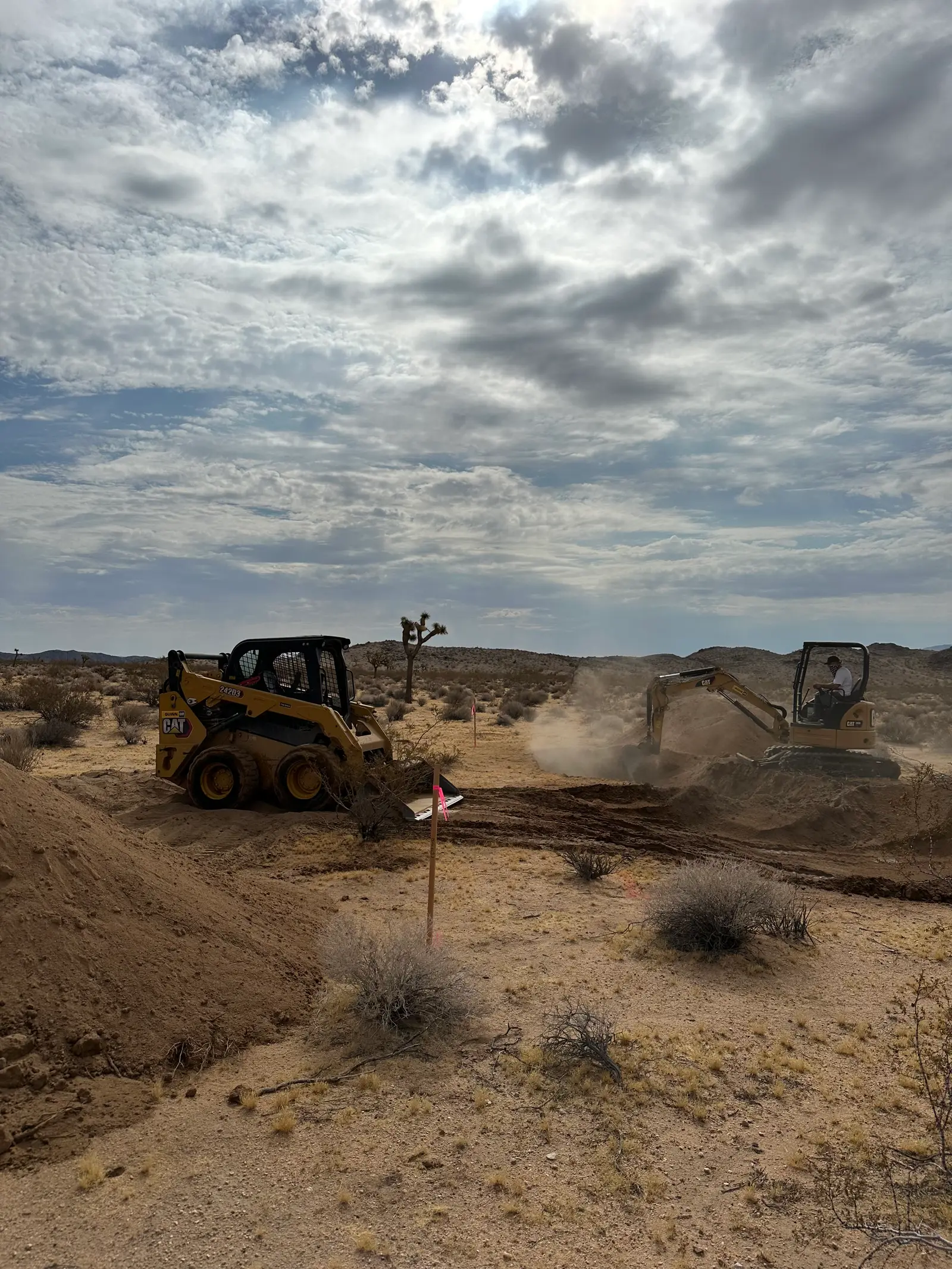 A skid steer and an excavator cutting the building pad, throwing up a large cloud of dust.
