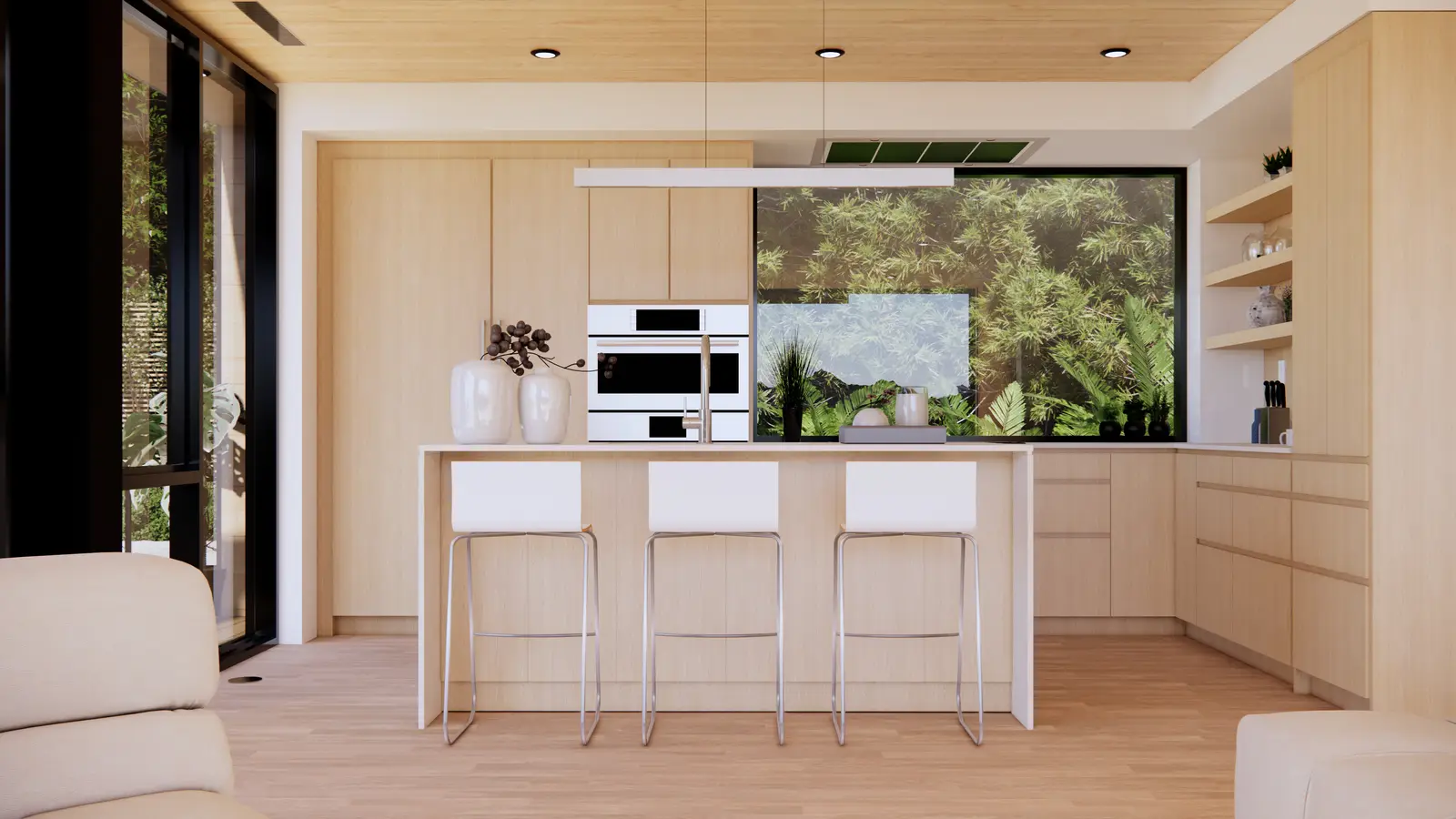 Render of the kitchen with a light-ash island and three stools.