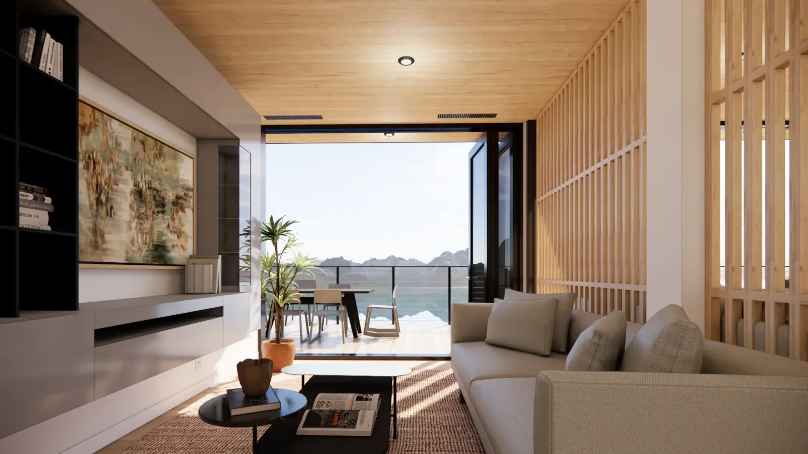 Render of the living room with the accordion glass wall folded open onto the deck.